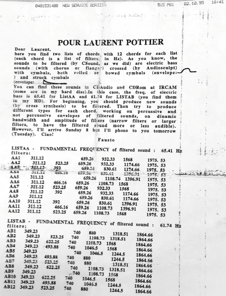 The ‘exchange’ between Fausto Romitelli and his Computer Music Designer Laurent Pottier at the time was based on backups of data and patches stored on computer memory, audio CDs, CD-ROMs, notes on paper, and faxes. This fax (dated 2 October 1995), typifies the dialogue between the two and the sequence of processes, tests and attempts through which their work was going from initiation to completion (Figure 4 from my article. Courtesy Laurent Pottier’s personal archive).